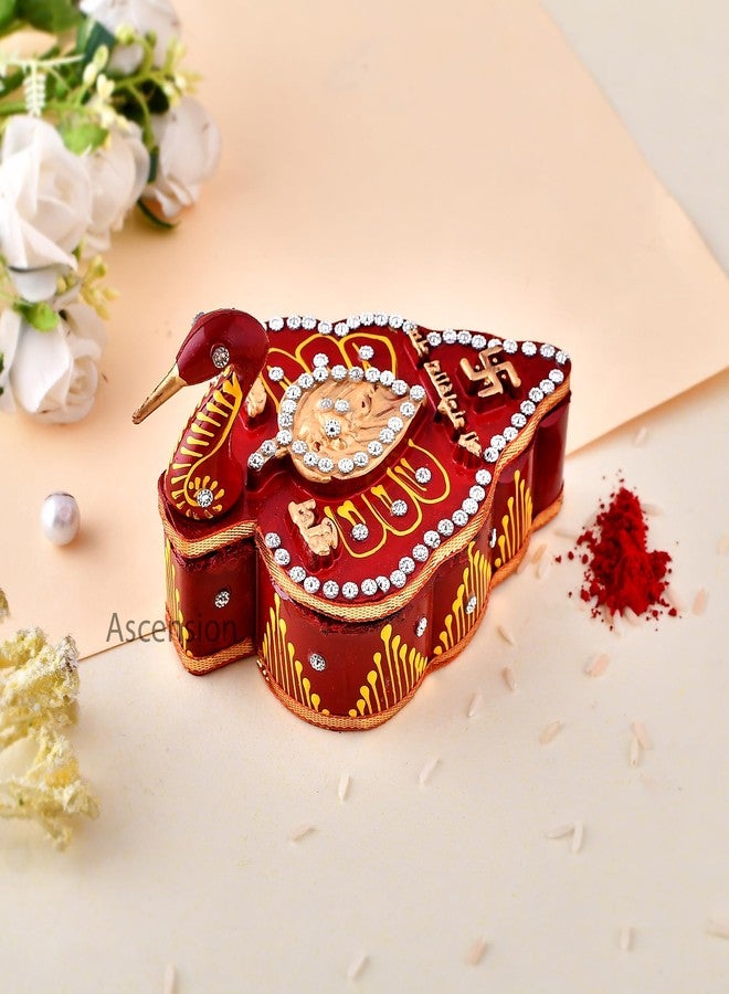 ascension Handicrafts Tika Chopra in Peacock Shape Meenakari Work/Kumkum Box with Chawal-Akshat-Haldi Wooden Chopda for Gift and Pooja Decorative Purpose Item - Image 1